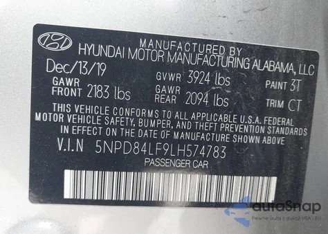 2020 Hyundai Elantra Sel z USA, uszkodzony, nr VIN 5NPD84LF9LH574783